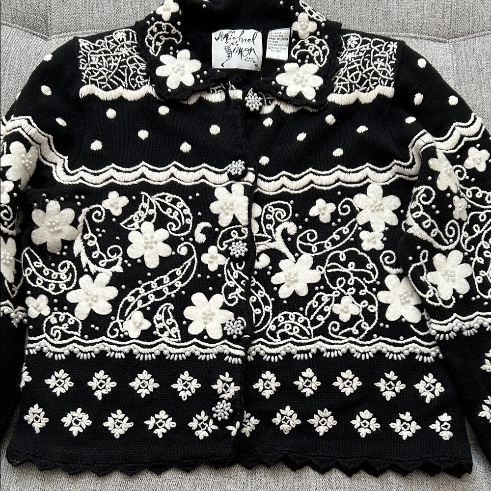 Michael Simon Black and White Sweater with White Floral Accents
